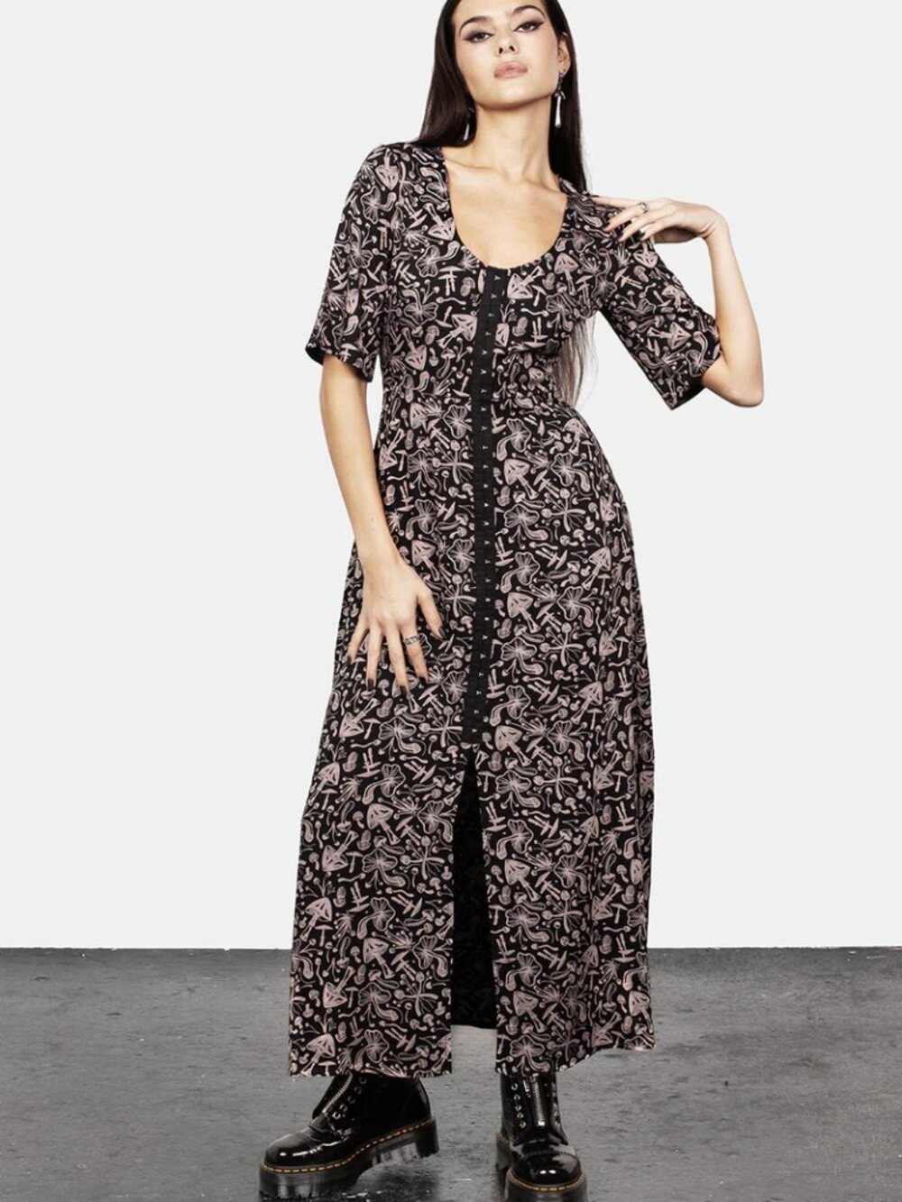 Disturbia Mycophile Mushroom Print Split Maxi Dress - 8